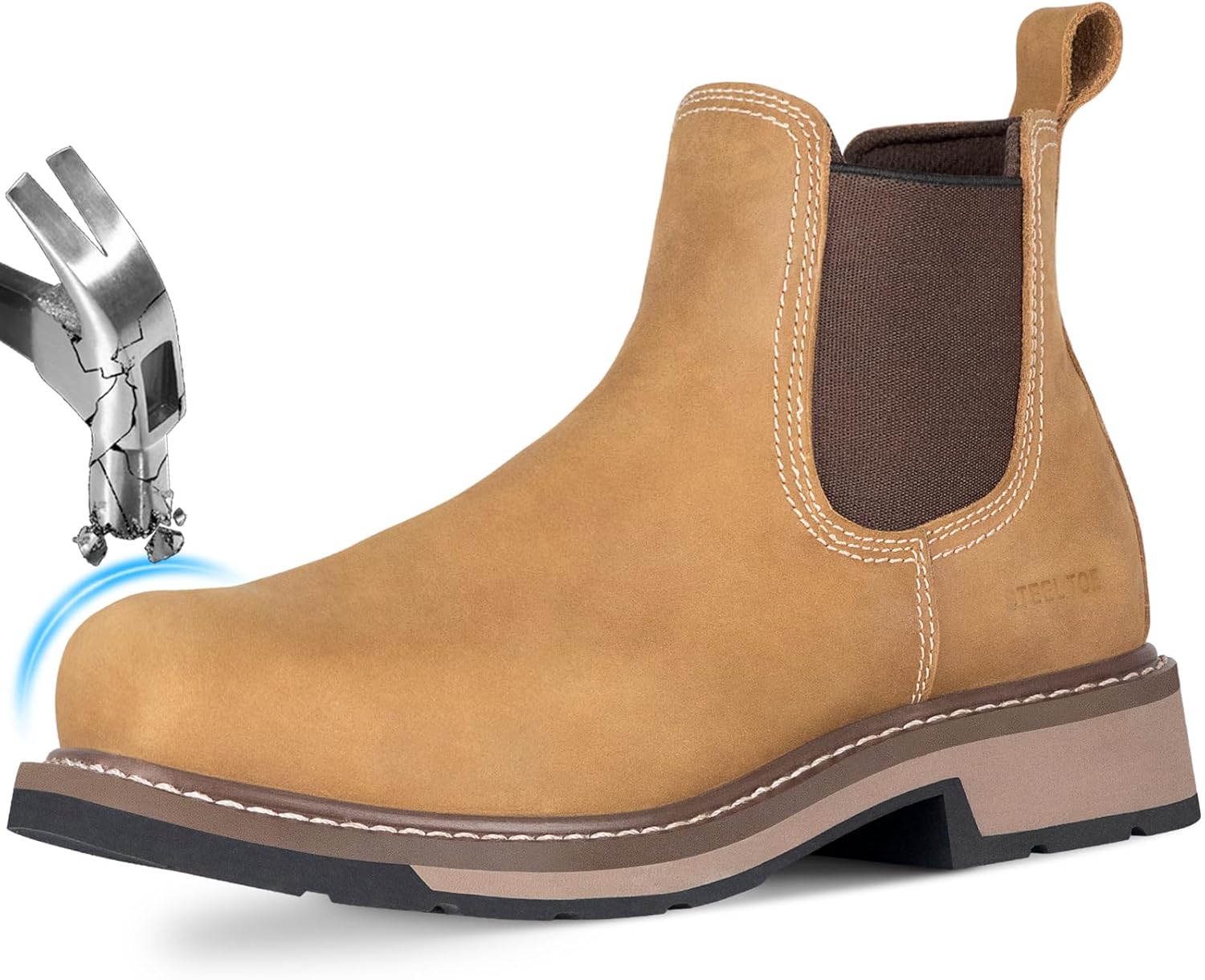 

Мужские ботинки без шнурков, стальная носовая защита, проколостойкие с межподошвой из ЭВА, из цельной кожи, противоскользящие, сапоги Челси для безопасности, удобные и идеальные для промышленного строительства (размеры 7-14) Hunthor, Camel