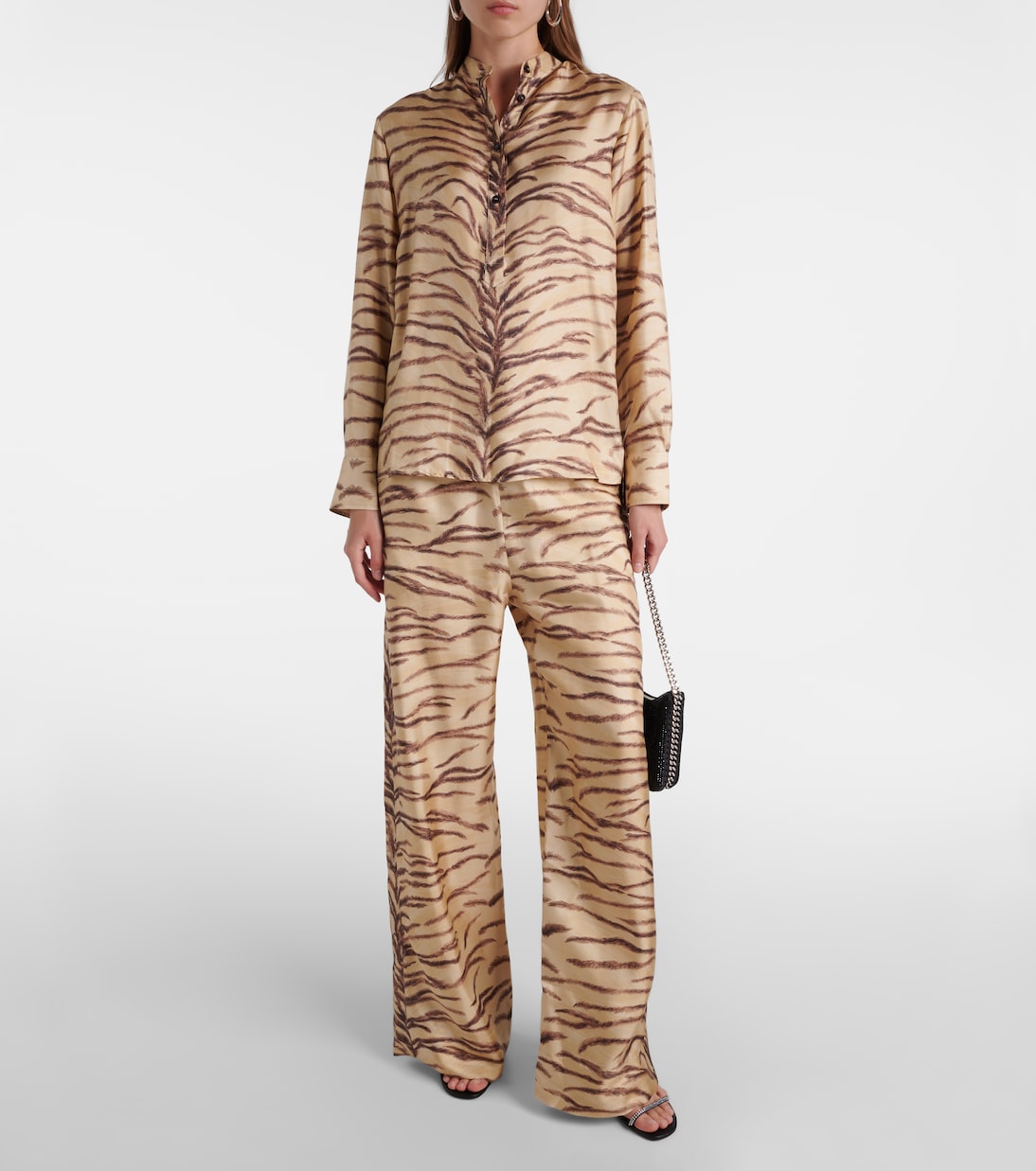 Широкие шелковые брюки с высокой талией и принтом Stella McCartney, Natural — фото 2