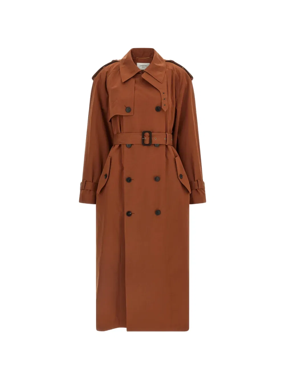 Пальто с поясом, двубортное Saint Laurent, коричневый