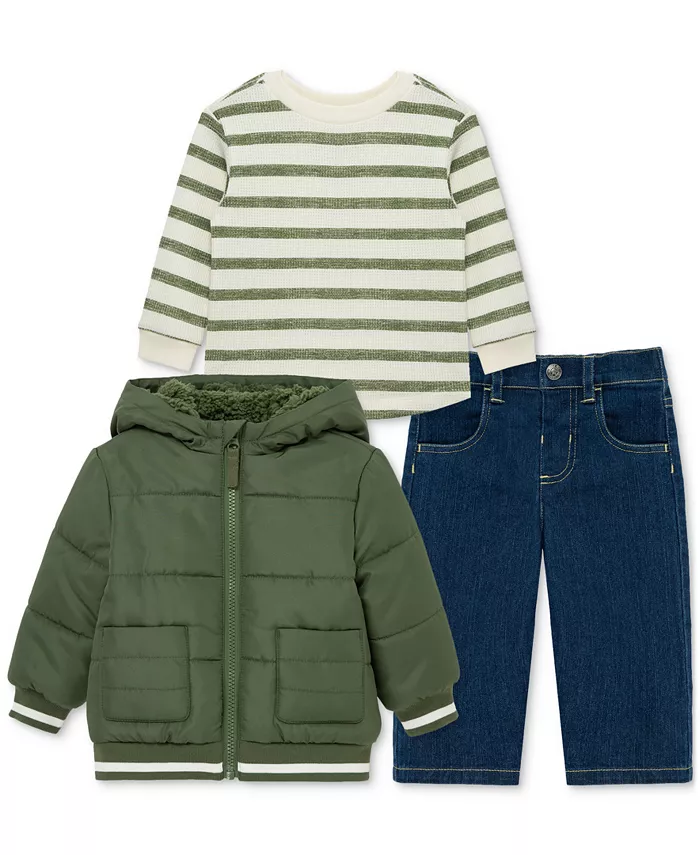 

Детский комплект для мальчика: куртка с капюшоном, футболка в полоску и джинсовые штаны, 3 предмета Little Me, зеленый