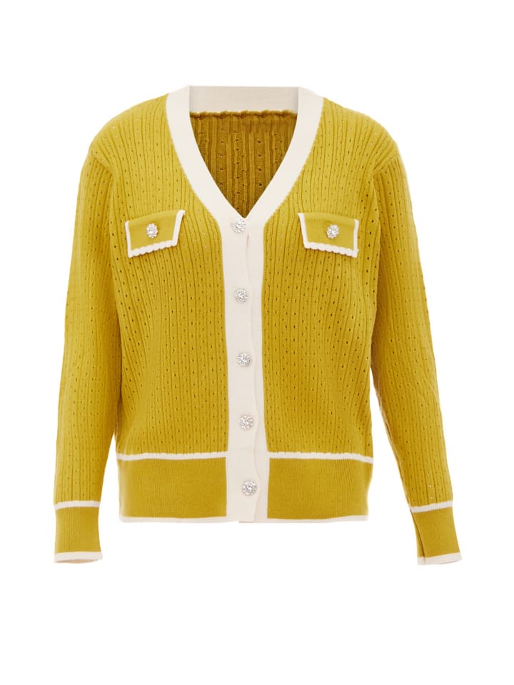 

Женский кардиган горчичного цвета с оттенком белого faina