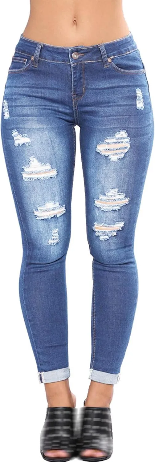 Женские потертые рваные скинни джинсы Mid Waist с дырками Casual Denim Stretch Destroyed Blue