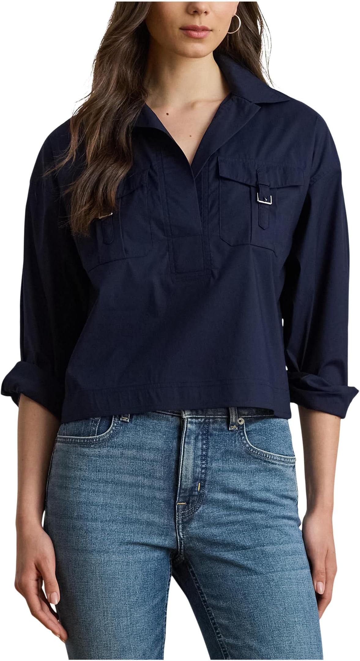 

Рубашка Lauren Ralph Lauren Buckle-Trim Cotton-Blend Shirt, цвет Lauren Navy