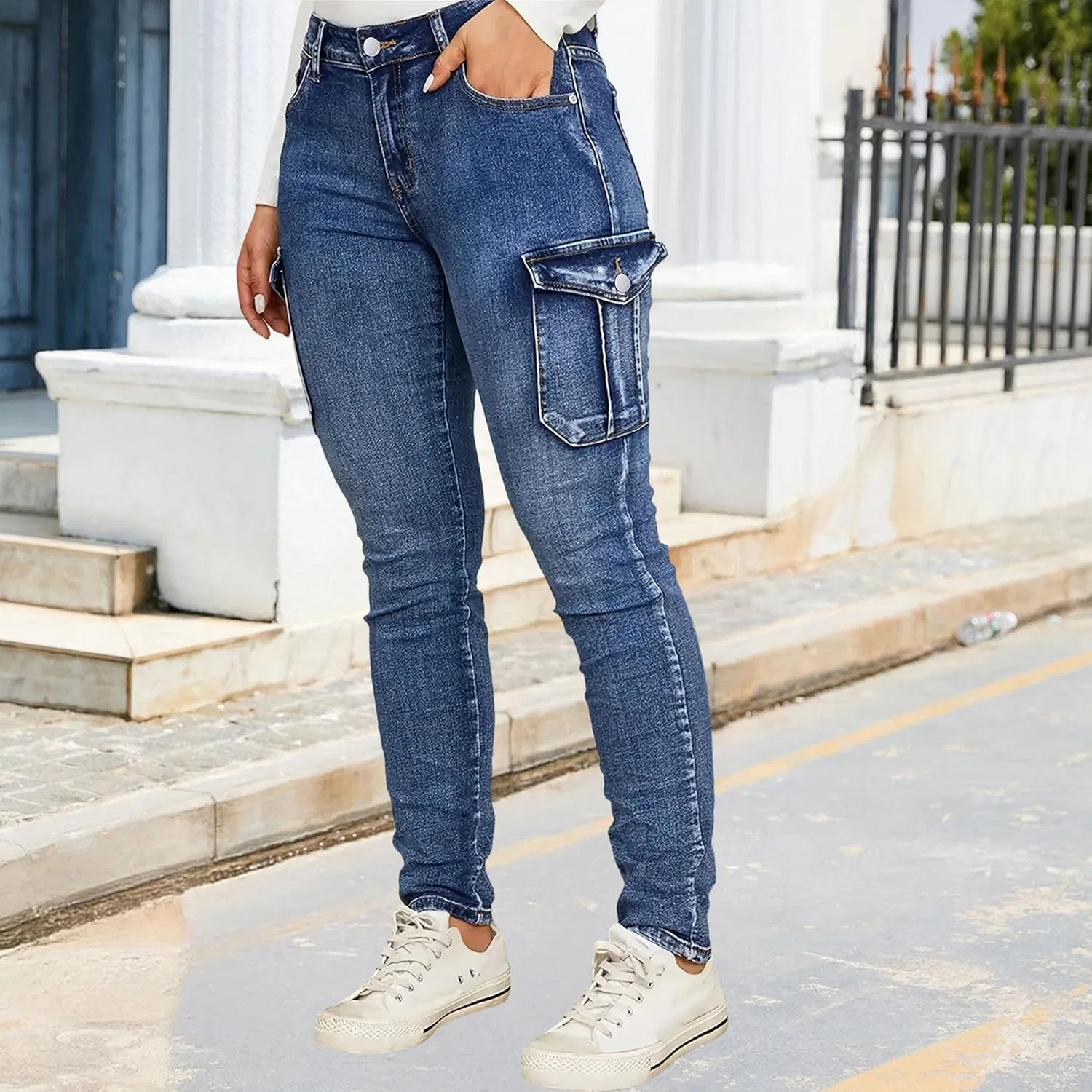 Джинсы карго с карманами, Women Jeans, Dark Blue — фото 2