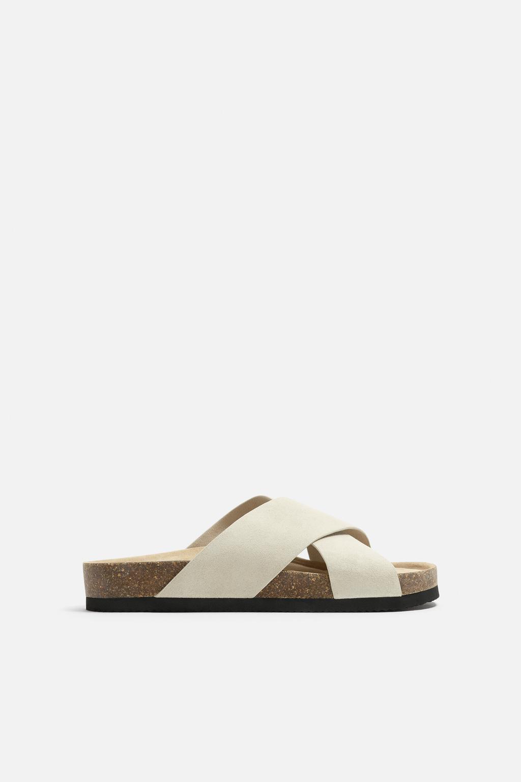 

Кожаные сандалии с перекрещивающимися ремешками ZARA, цвет Ecru White