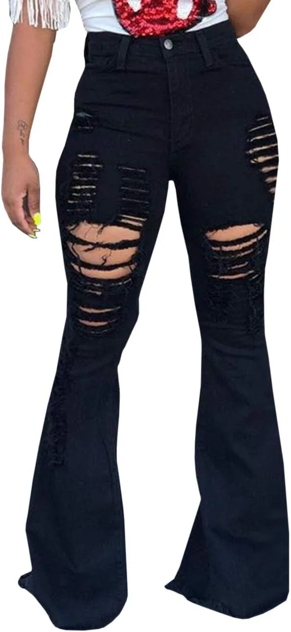 

Sexyshine женские джинсы клеш с высокой талией, рваные