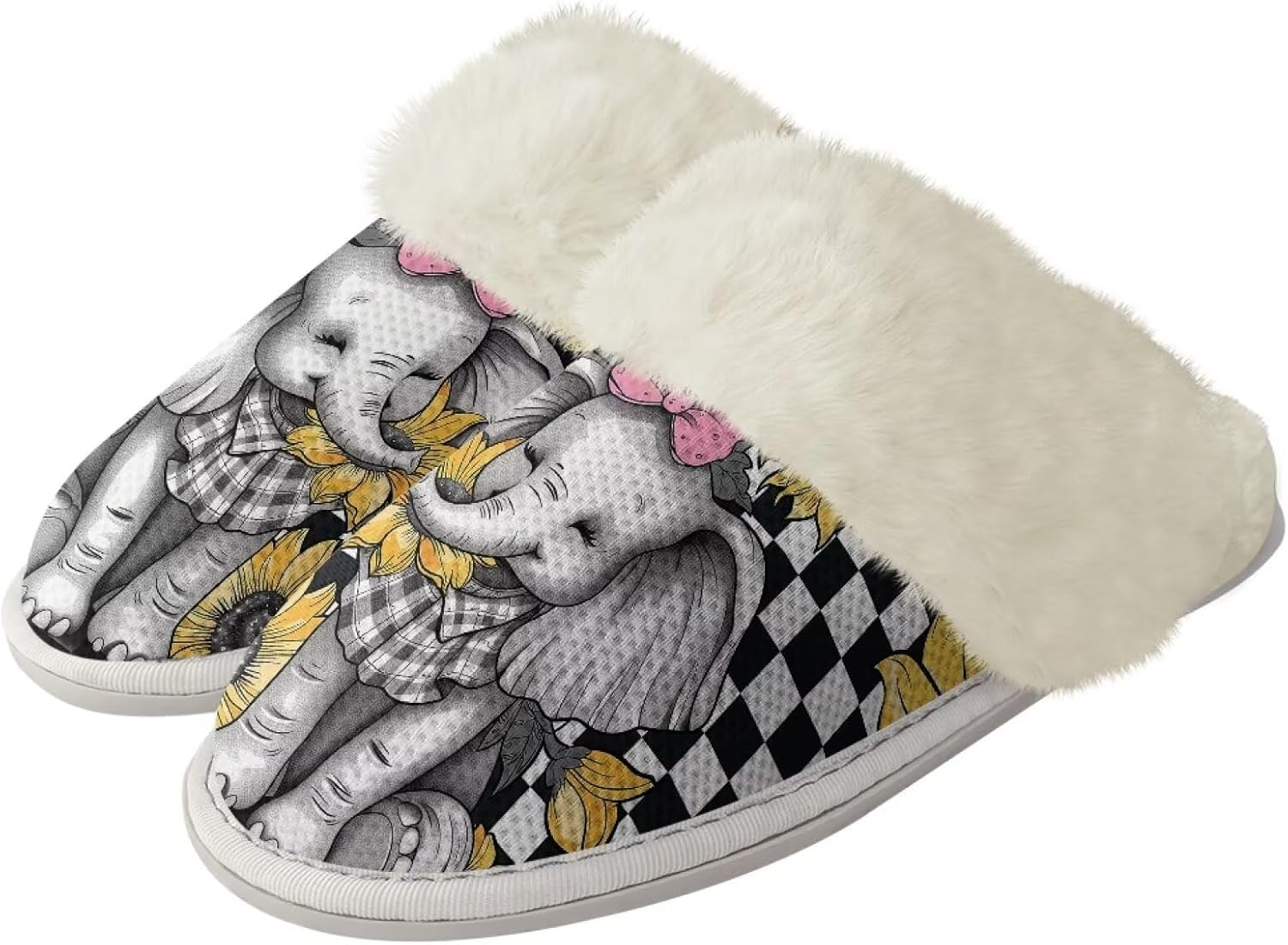 

Домашние тапочки для мужчин и женщин, зимние теплые тапочки на плоской подошве, мягкие плюшевые, закрытый носок, домашняя обувь с резиновой подошвой против скольжения для спа и ванной Watdotory, Sunflower Elephant