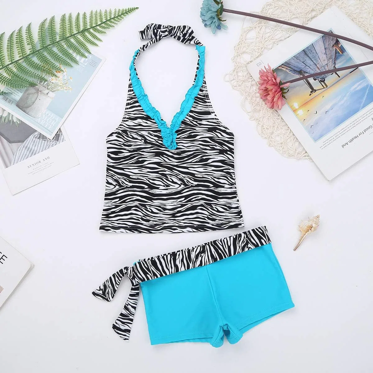 Детский купальник YiZYiF Big Girl's Youth Tie-Dye Tankini Halter 2 Piece Bathi Suit, Zebra Blue — фото 4