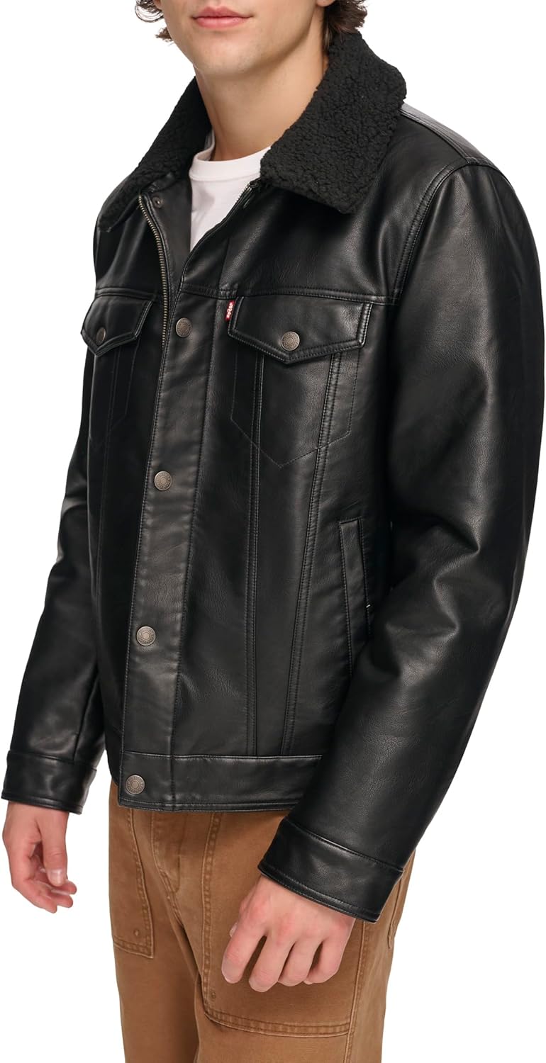 Мужская классическая куртка дальнобойщика Levi's из искусственной кожи, Black W/ Sherpa Collar — фото 2