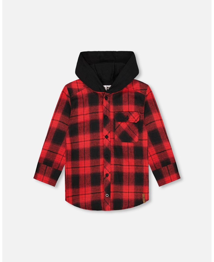 

Детская клетчатая фланелевая рубашка с капюшоном, красно-черная - для малышей/детей Deux par Deux, Red & black plaid