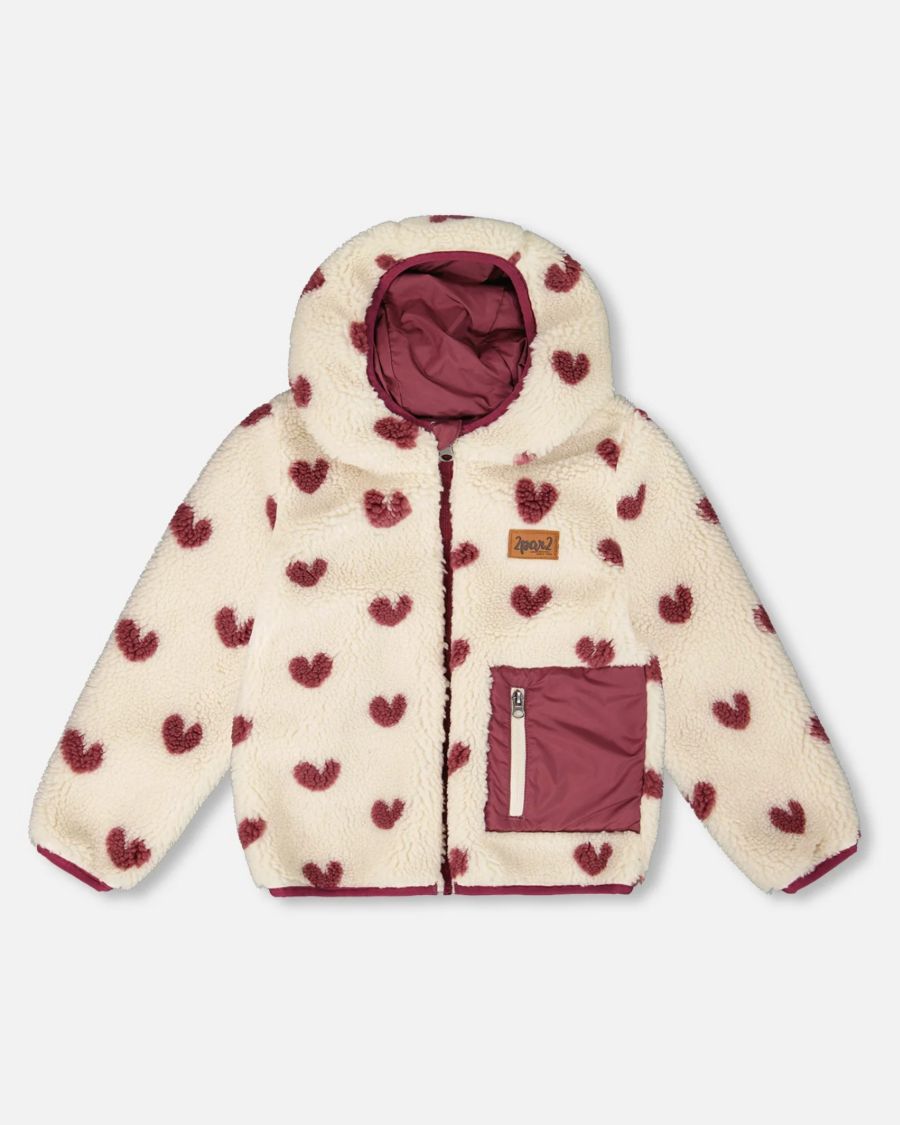 

Двусторонняя детская куртка-шерпа для девочек, межсезонье, бордовый цвет с сердечком Deux par Deux, Purple plum