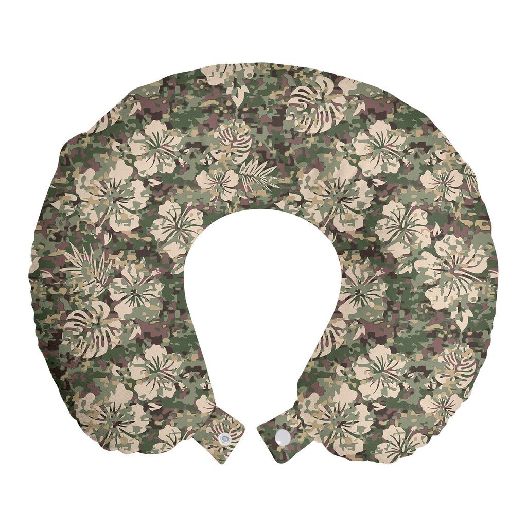 

ABAKUHAUS Camo Travel Pillow Neck Support, Aloha Tropical Jungle, пенопластовые дорожные принадлежности для самолета и автомобиля, 30x30 см, темно-коричневый, нежно-розовый