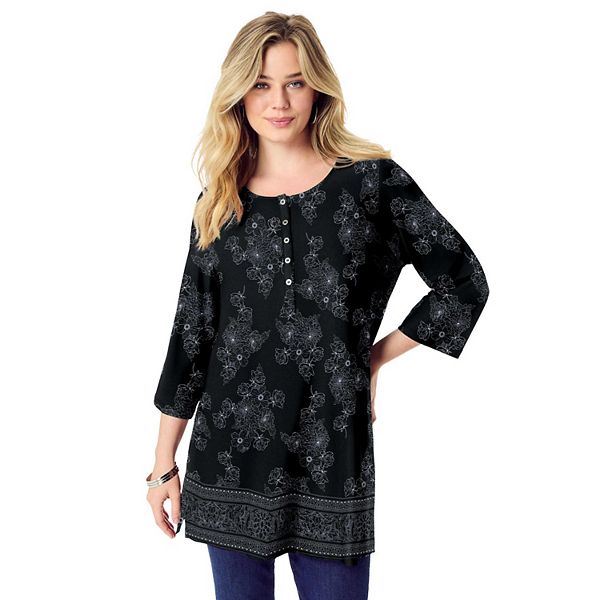 

Женская футболка-туника plus size henley ultra drape Roaman'S, Black Bouquet Border, Черный, Женская футболка-туника plus size henley ultra drape Roaman'S, Black Bouquet Border