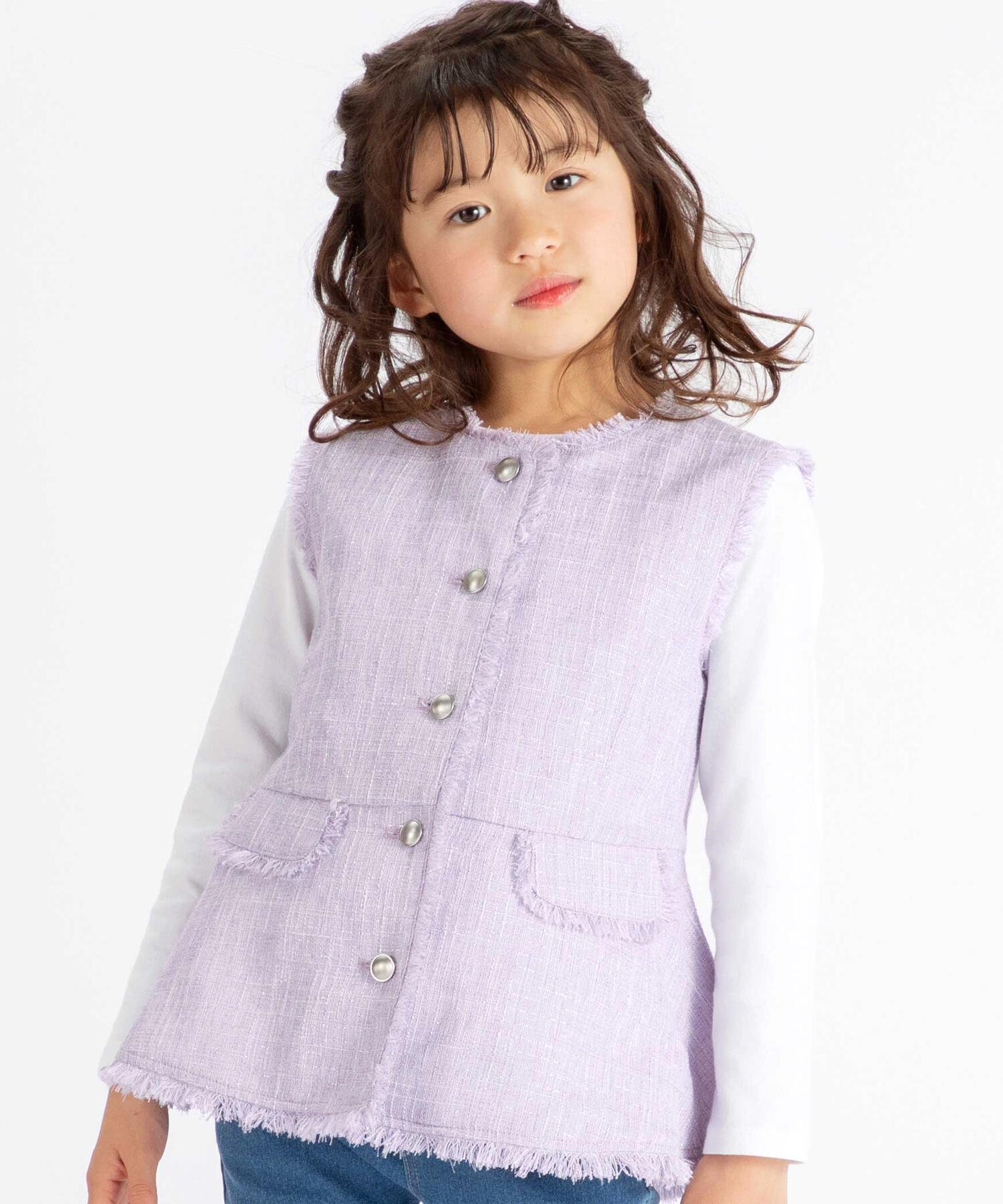 Жилет в твидовом стиле с бахромой и пуговицами (110-150 см) в тон. Bebe, Purple