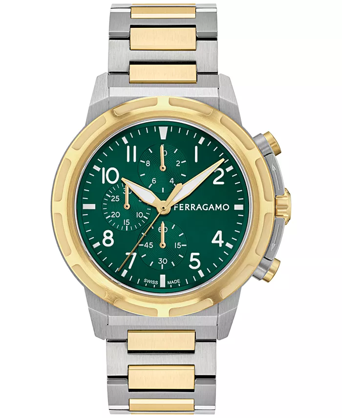 

Мужские швейцарские спортивные часы-хронограф с двухцветным браслетом из нержавеющей стали 44 мм Ferragamo