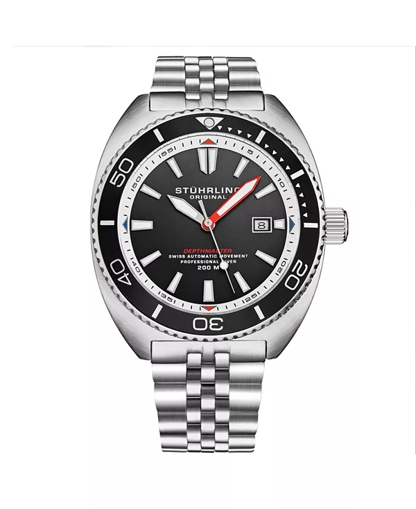 

1008 мужские автоматические часы со швейцарским механизмом, корпус из нержавеющей стали, черный циферблат, браслет Jubilee, водонепроницаемость 200 м, окошко даты Stuhrling, black