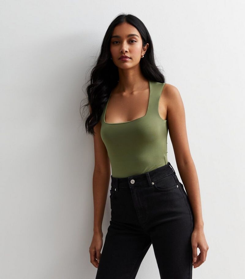 

Боди цвета хаки с квадратным вырезом New Look, хаки