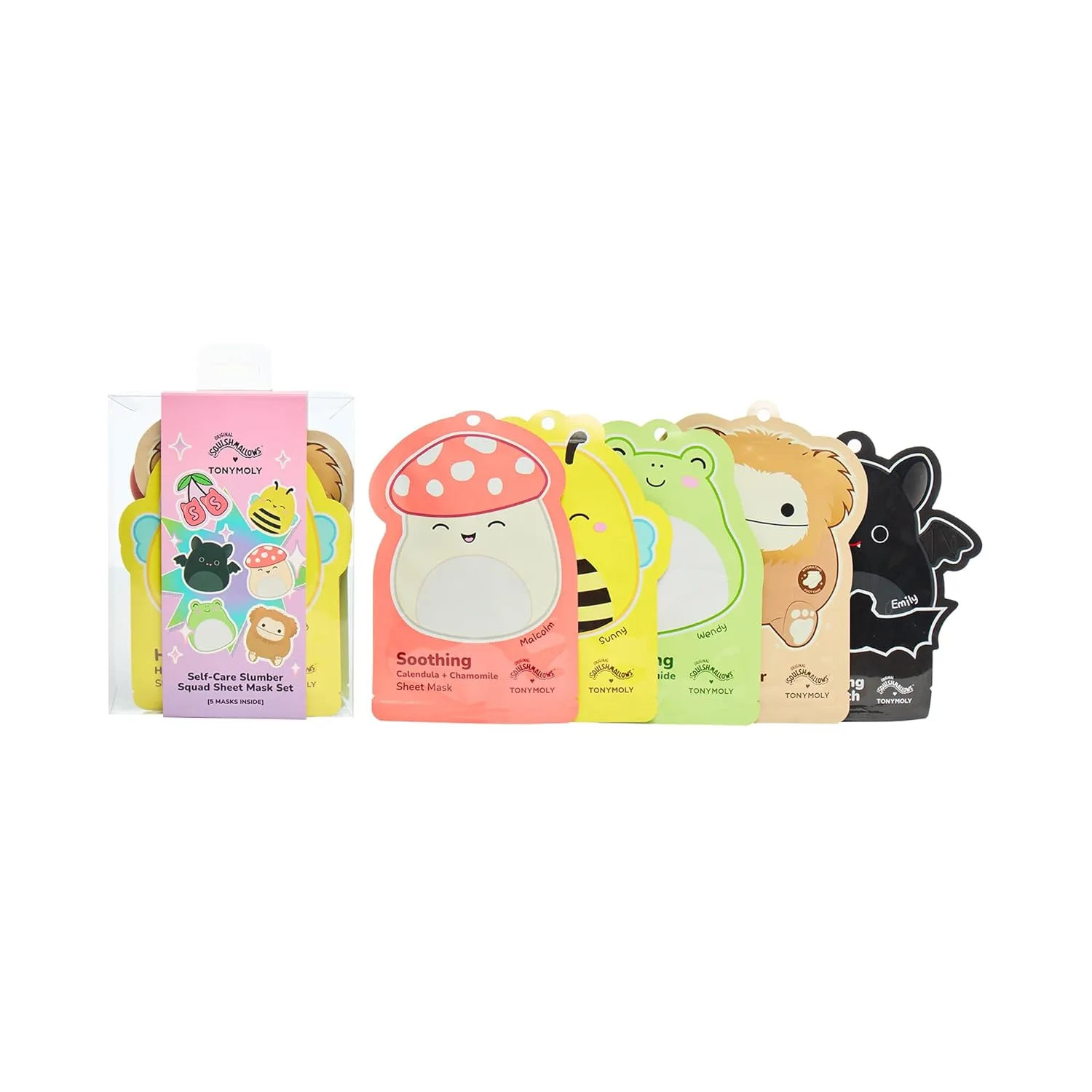 Набор TONYMOLY — Из 5 корейских масок для лица и ног x Squishmallows Self-Care Slumber Squad - увлажняющий, успокаивающий, осветляющий и