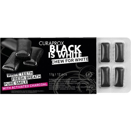 

Жевательная резинка Black Is White - отбеливающий эффект с активированным углем - Vegan Gum, Curaprox