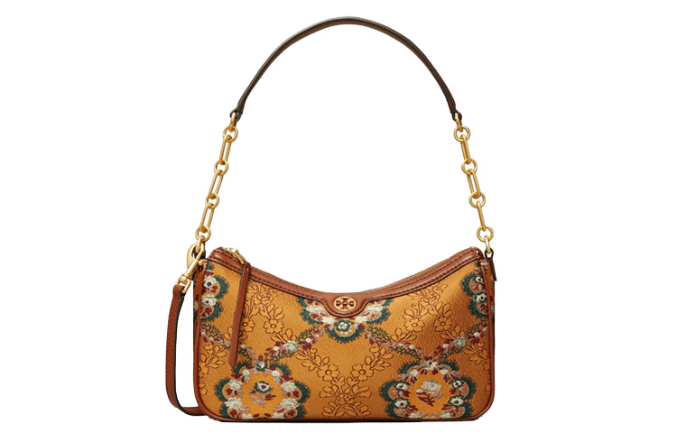 

T Monogram Брокат с кожаной наплечной сумкой Женская Закатный костровый желтый TORY BURCH