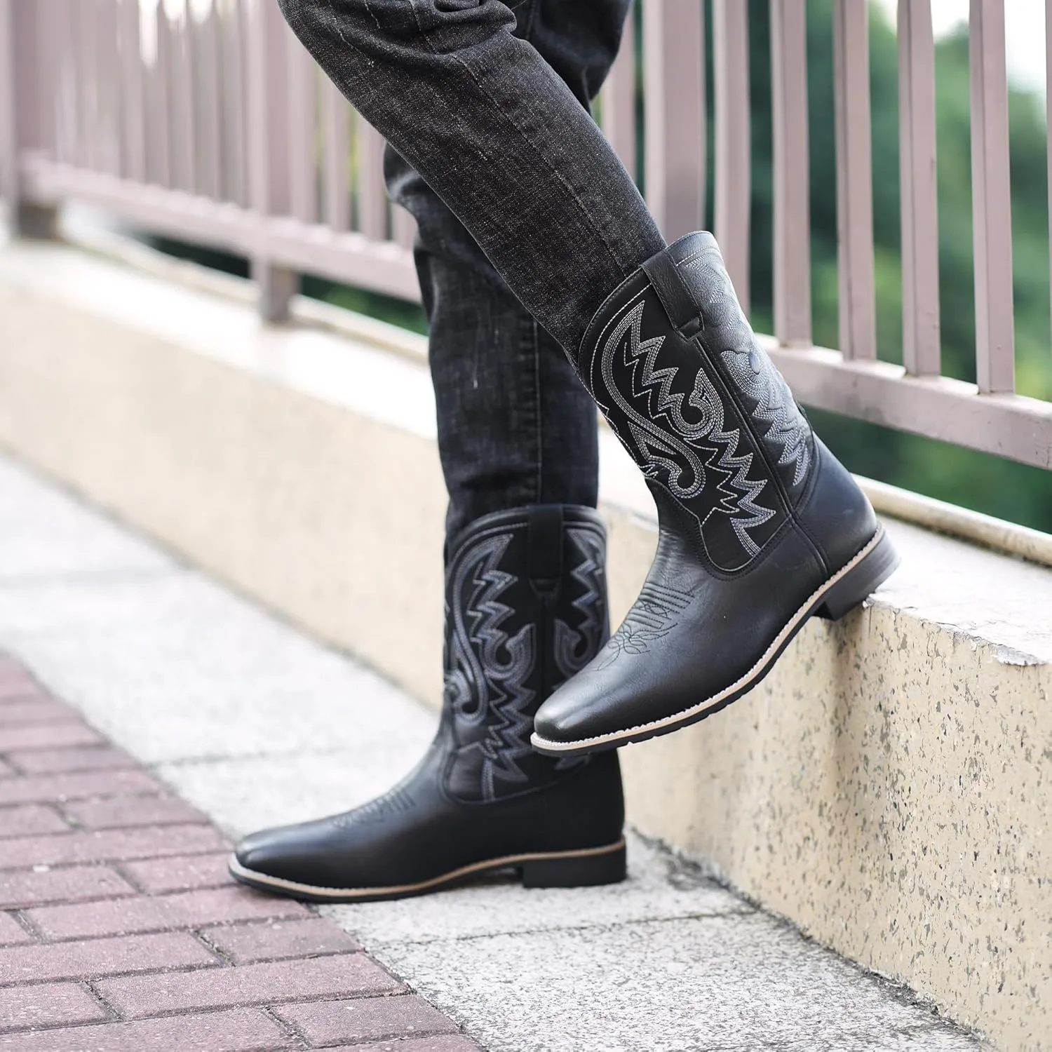 Мужские ковбойские сапоги Metrocharm Western-02 с вышивкой, квадратный носок, средняя голень, черный — фото 3