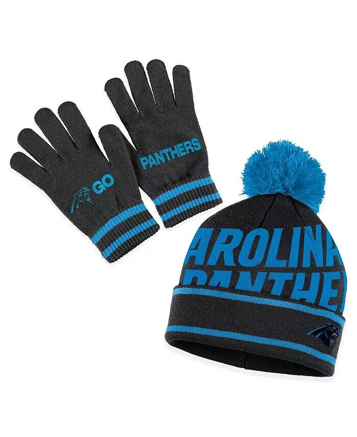 

Женская черная вязаная шапка с двойными жаккардовыми манжетами Carolina Panthers с помпоном и перчатками Wear By Erin Andrews, черный