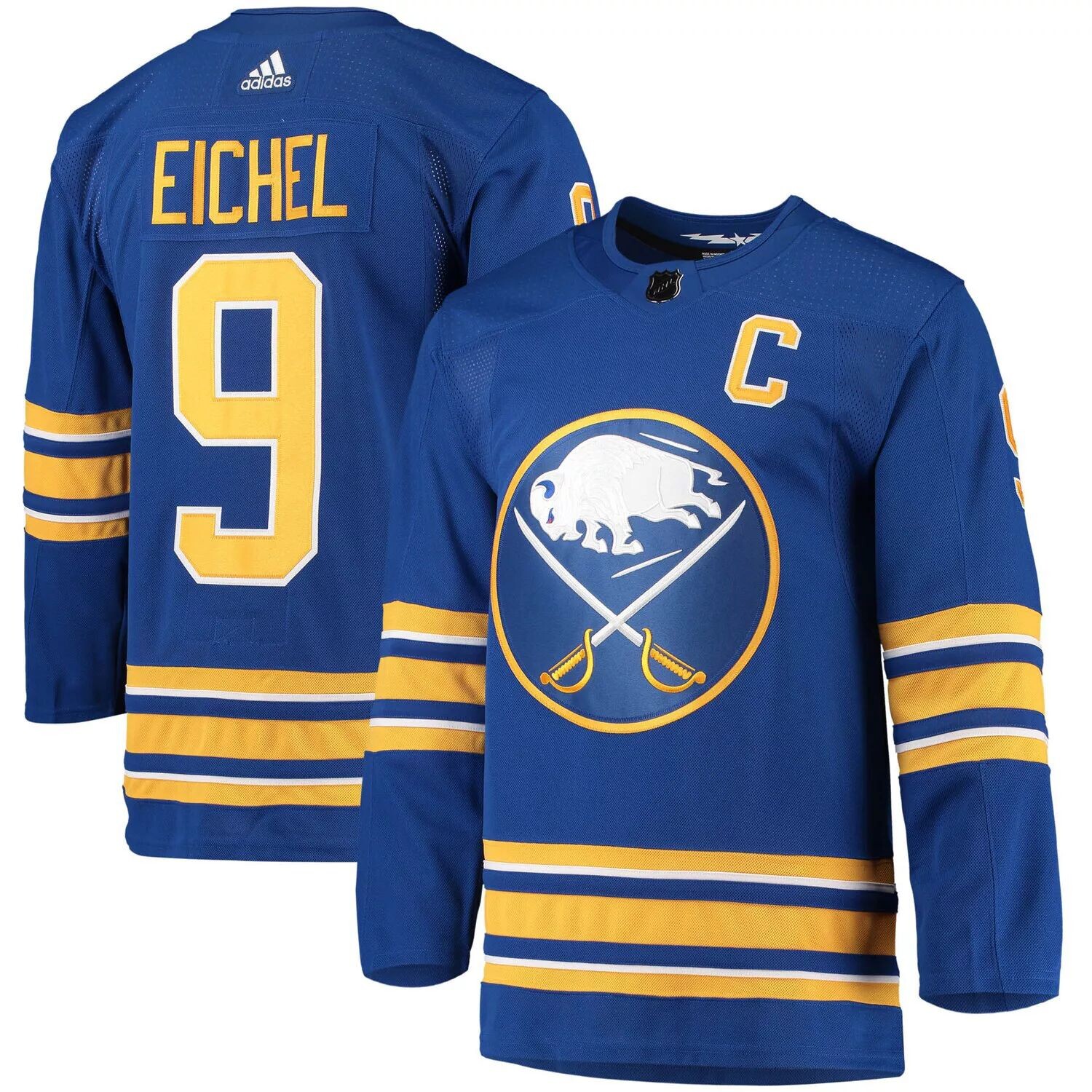 

Мужская футболка Jack Eichel Royal Buffalo Sabers Home Captain Patch Primegreen Authentic Pro Player adidas