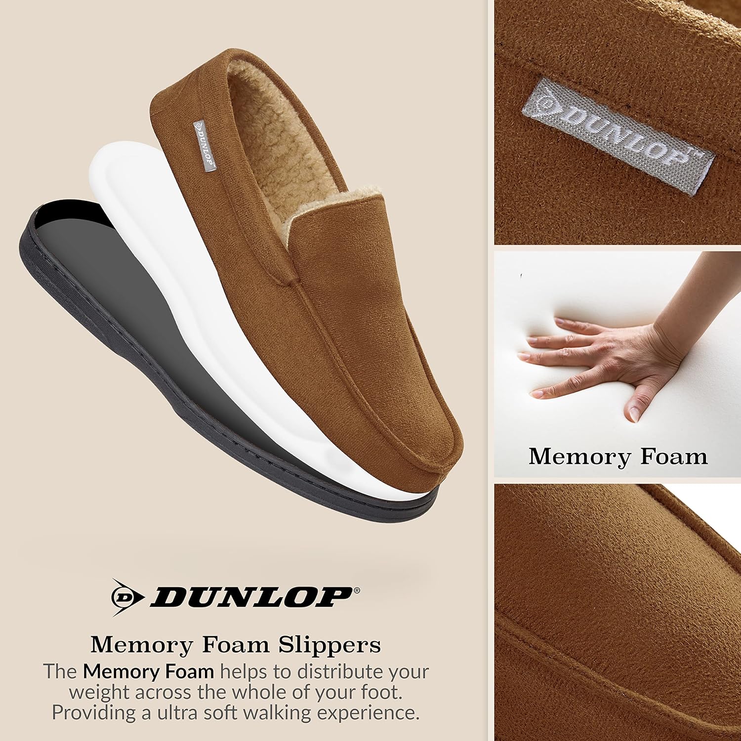 DUNLOP Мокасины-тапочки для мужчин, лоферы, тапочки из искусственного меха, резиновая подошва, домашние тапочки из пены с эффектом памяти, обувь для дома, подарок для мужчин, коричневый — фото 3