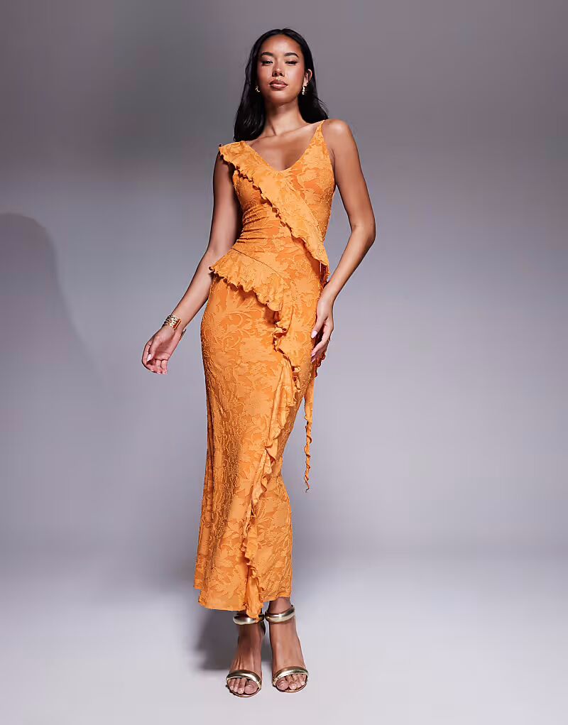 

Длинное платье ASOS DESIGN с оборками и бретельками на спине оранжевого цвета