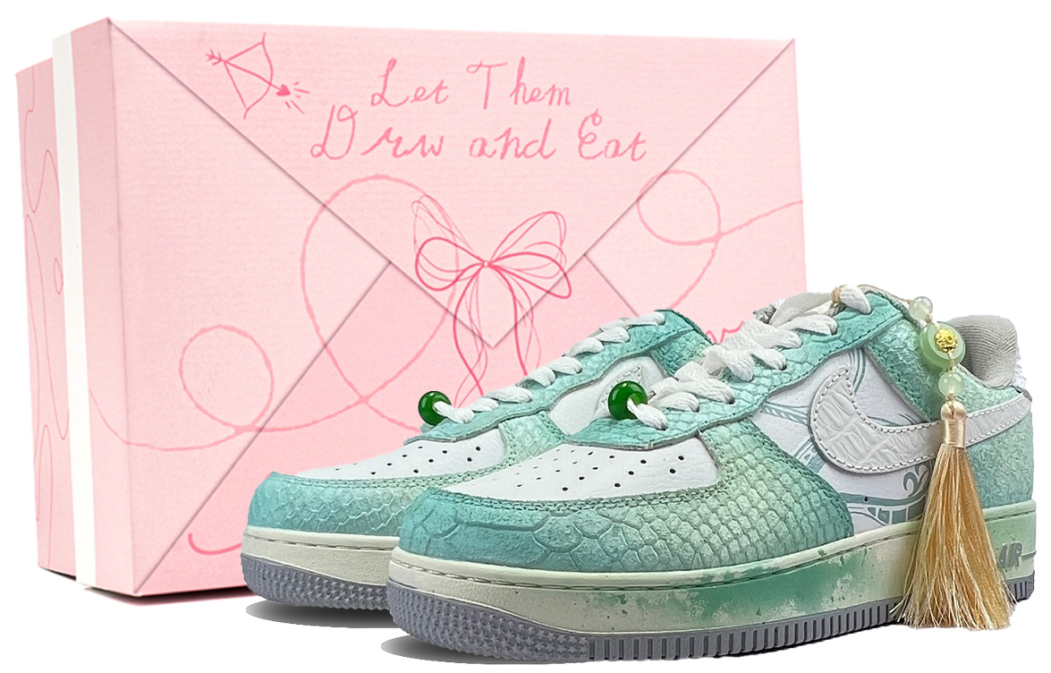 Nike Кроссовки Air Force 1 Emerald Snake, Footprints Of Innovation, износостойкие, низкие, для скейтбординга, унисекс, светло-зеленые