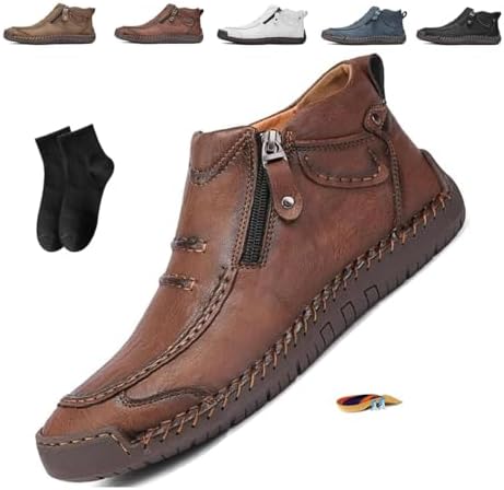 

Мужские ортопедические кожаные ботинки без застежек, мужские ручной работы премиальные кожаные ботинки для вождения без шнурков, мужские ортопедические обувь с боковой молнией для вождения и походов Noworfewer, коричневый