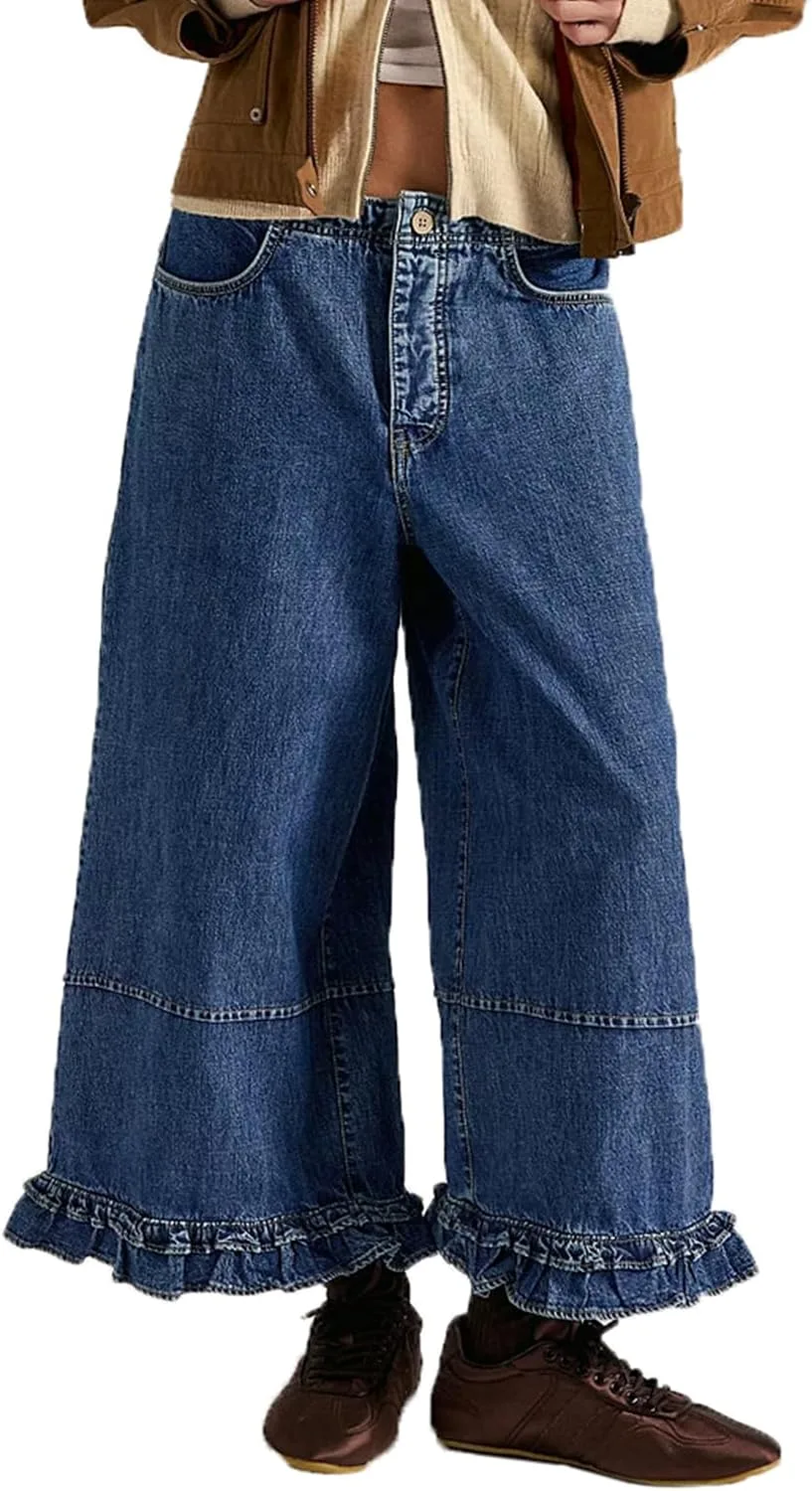 

Джинсы Wide Leg для женщин Mid-Rise Washed с кружевным подолом cffvdiz