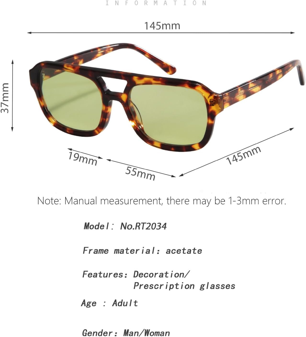 

Модные квадратные солнцезащитные очки для женщин, солнцезащитные очки из ацетата для мужчин, очки с двойной перемычкой, большие очки-очки, линзы UV400 TOHUAN, Rt2034-c5 Blue