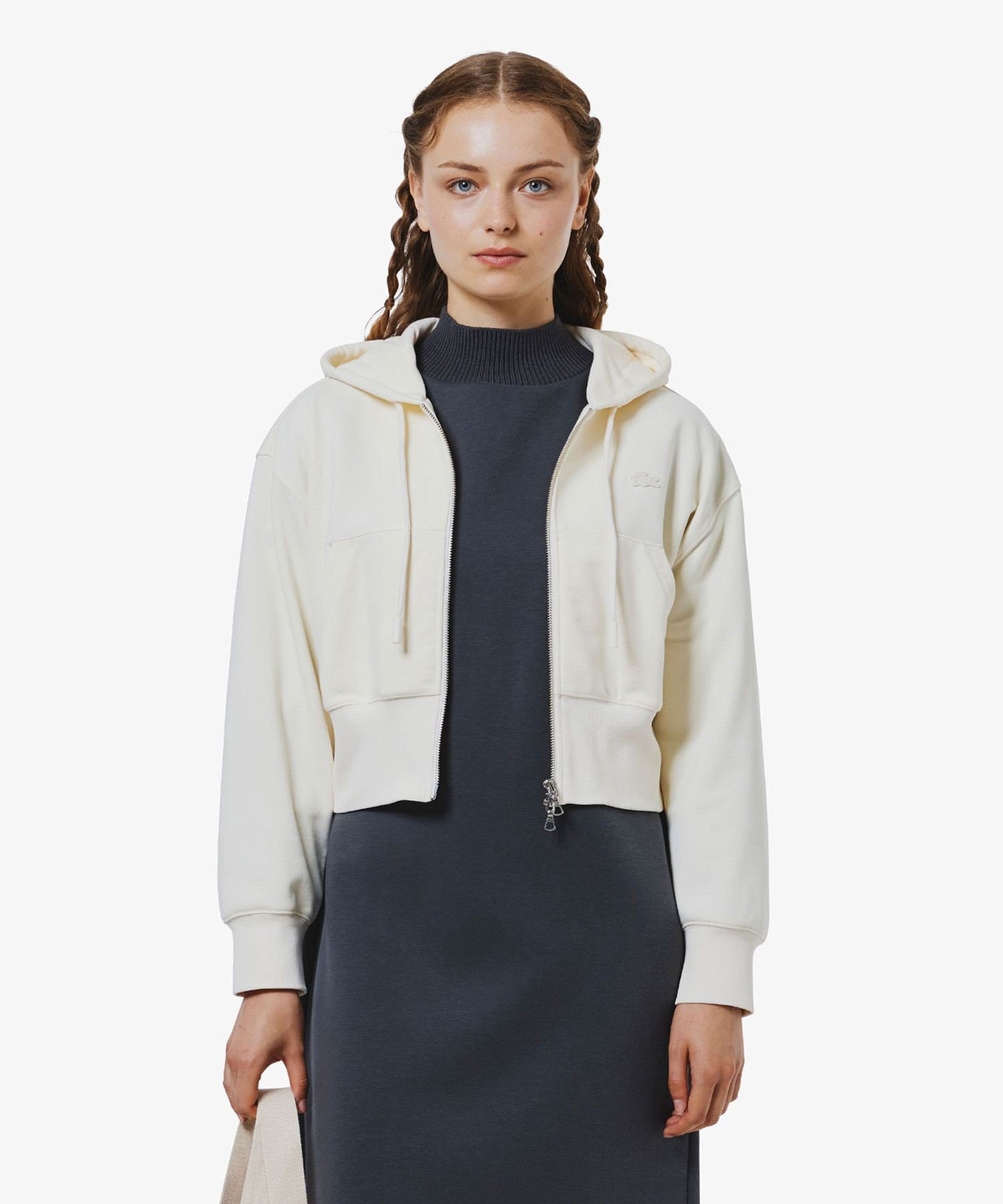 Толстовка LACOSTE Off white на молнии, с флисовой подкладкой