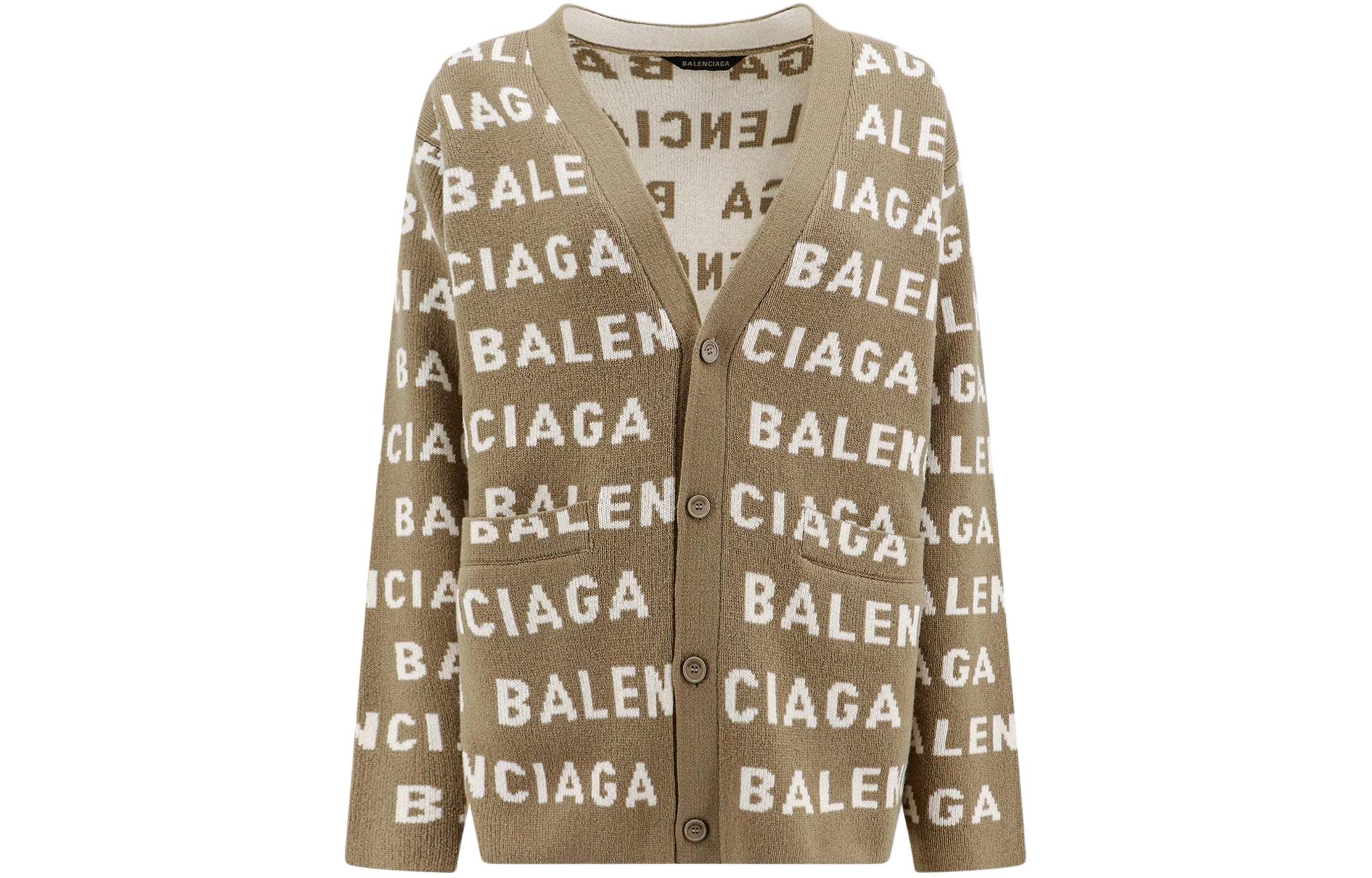 Кардиган с пуговицами и интарсией с логотипом по всей поверхности Balenciaga, бежевый желтый — фото 3
