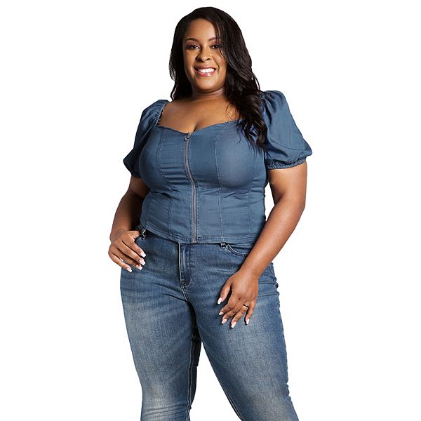 

Женский корсет-топ с молнией спереди и рукавами-фонариками из тенсела plus size Poetic Justice