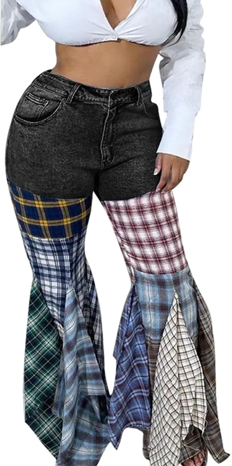 

Женские джинсы Y2K Harajuku Hippie с высокой талией, клеш и рюшами XUNRYAN