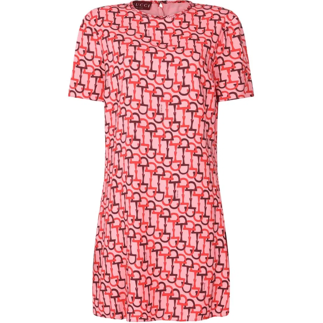 Платье GUCCI Horsebit Print, с коротким рукавом, розовое