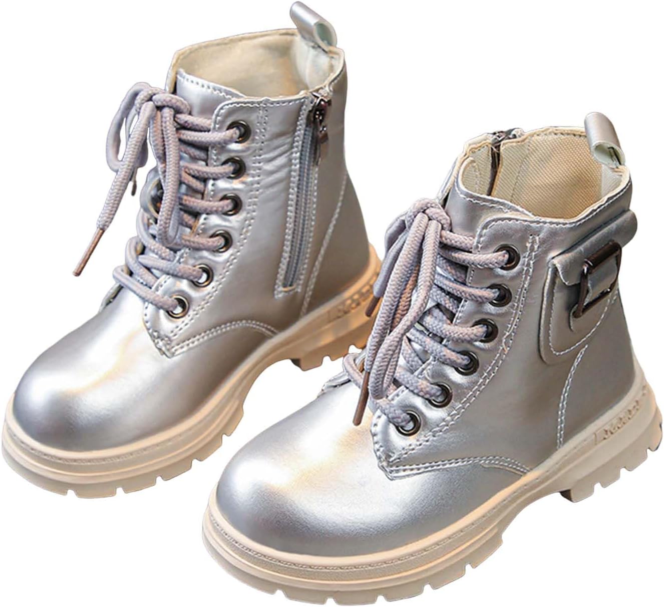 

Детские ботинки для девочек на щиколотку, шнуровка, водонепроницаемые, военные, модные кожаные с боковой молнией, удобные, на низком каблуке, противоскользящие, зимние походные ботинки для улицы Generic, Silver