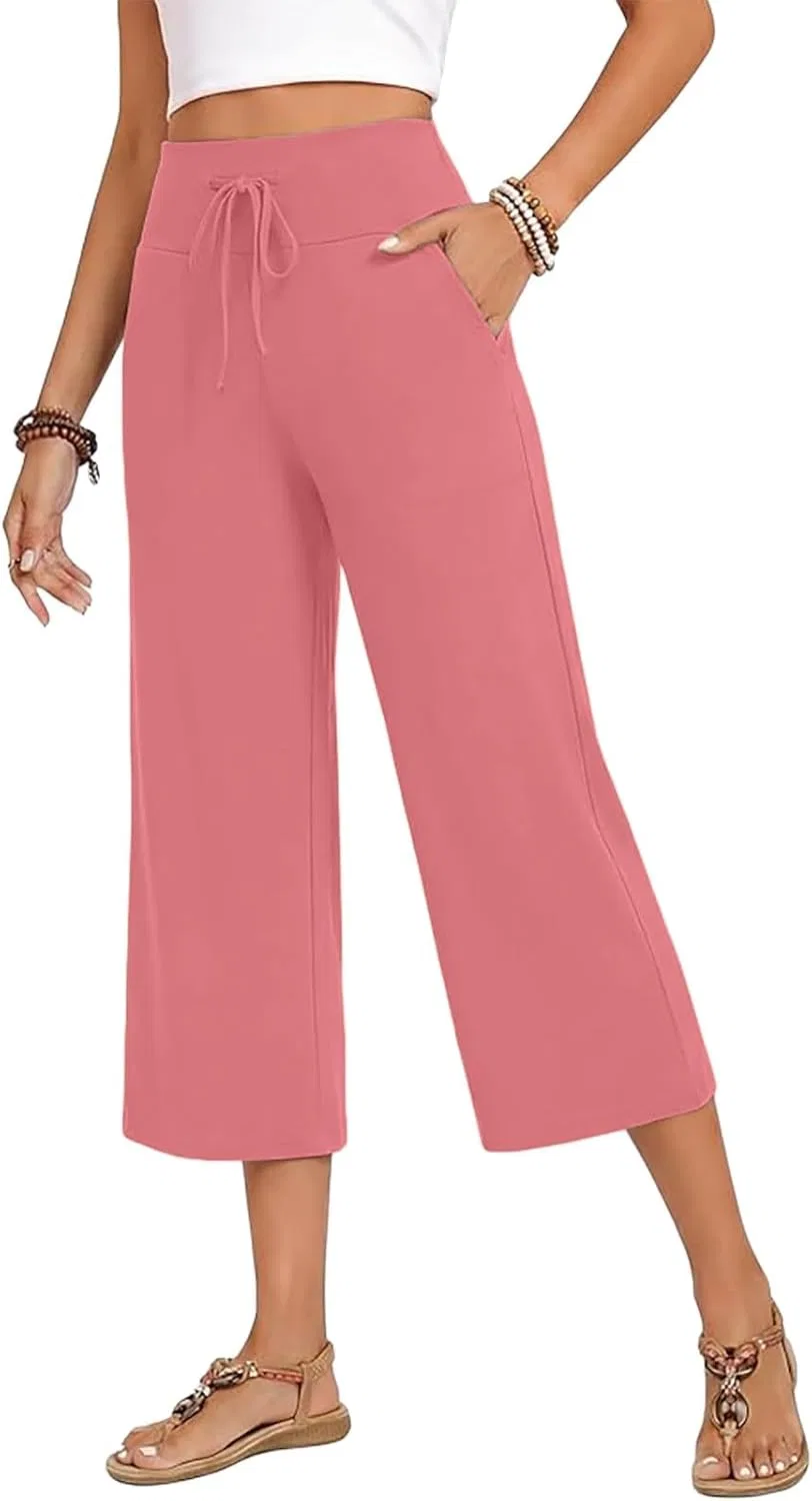 Капри для йоги женские, широкие брюки с карманами, Hot Pink — фото 4