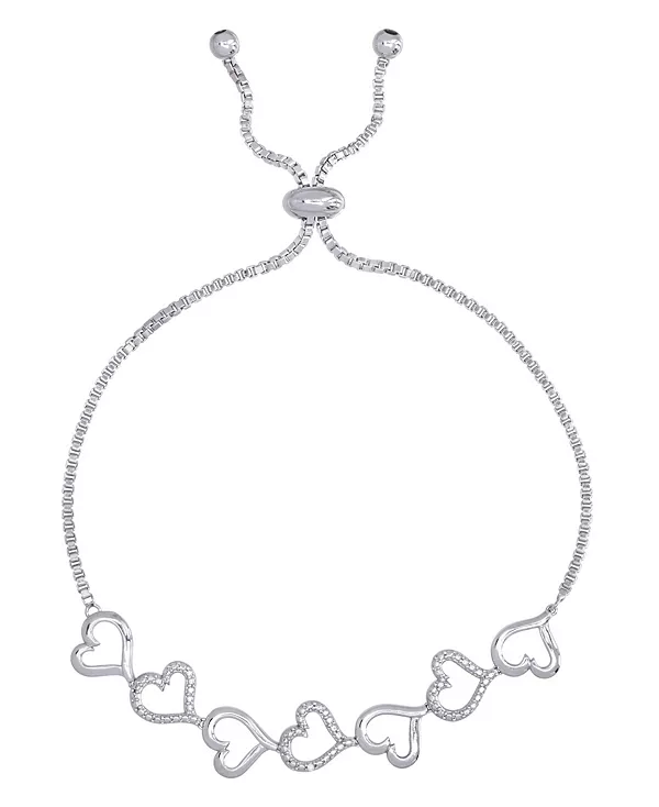 

Регулируемый браслет-боло с открытыми звеньями в форме сердца и бриллиантами Macy'S, silver