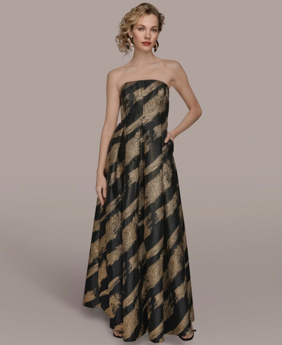 

Женское бальное платье без бретелей из металлизированного жаккарда Donna Karan New York, Black/Gold