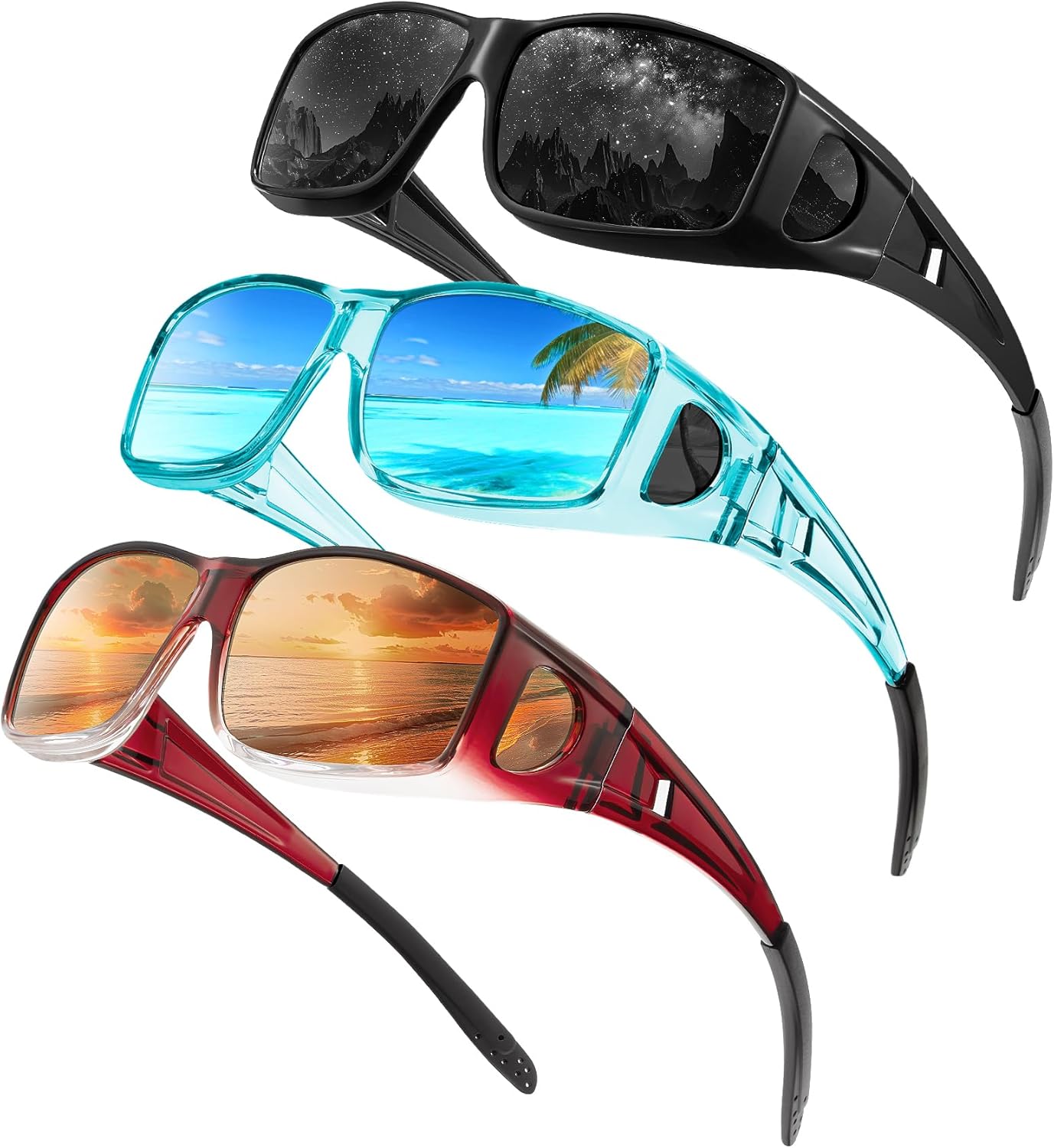 

Очки ночного видения, надеваемые поверх очков, для мужчин и женщин, с обтекаемыми антибликовыми линзами HD для ночного вождения QALLY, B02-glossy Black/Ice Blue/Burgundy+brown