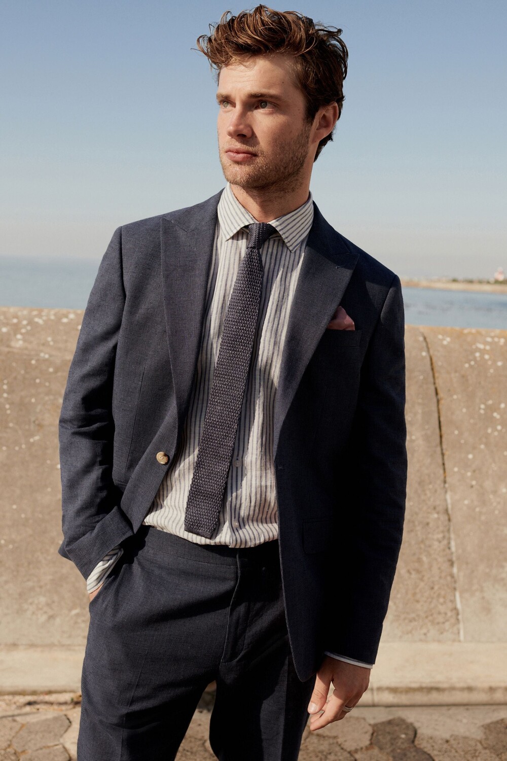 

Пиджак стандартного кроя из смесового льна с узором «щенячьи зубы» Next, синий