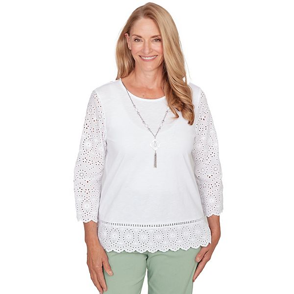

Женский топ с длинными рукавами и шнуровкой с ожерельем Alfred Dunner, White