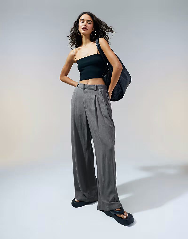 

Свободные прямые брюки ASOS DESIGN со льном серого цвета