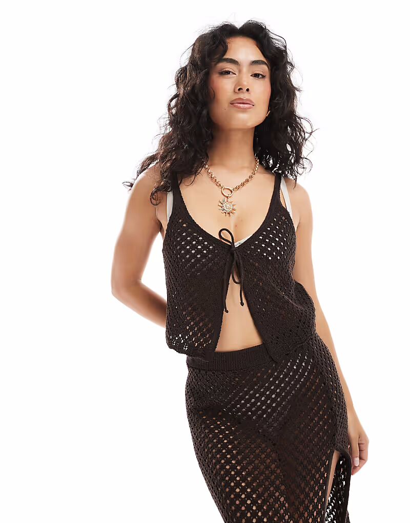 

Вязаный топ с завязками спереди, пляжный, шоколадного цвета Miss Selfridge