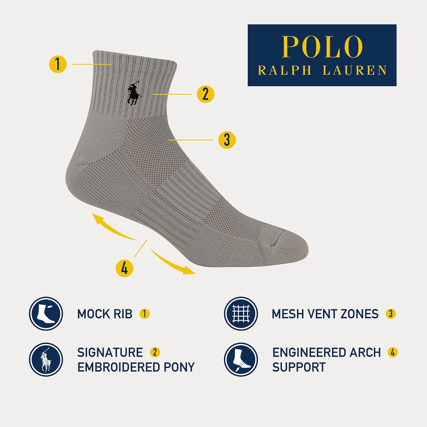 POLO RALPH LAUREN Мужские спортивные носки Tech Athletic с поддержкой свода стопы и амортизацией щиколотки (3 пары), Black — фото 2