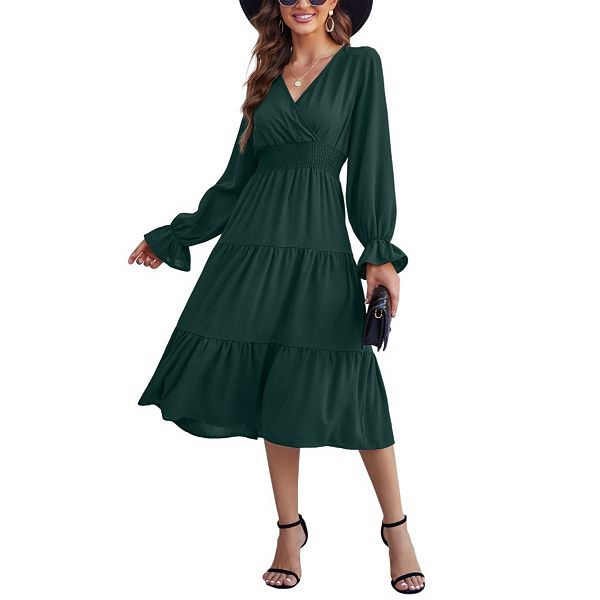 

Женское платье миди с длинным рукавом и V-образным вырезом Yesfashion, Dark Green
