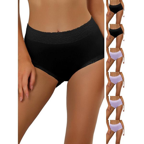 

7 пар женских хлопковых трусиков с высокой талией, кружевной отделкой, эффектом контроля живота и полным покрытием Inspire Chic, Purple Black